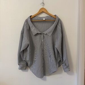 Angelo Blue and White Stripe Oversized Off The Shoulder Button Down